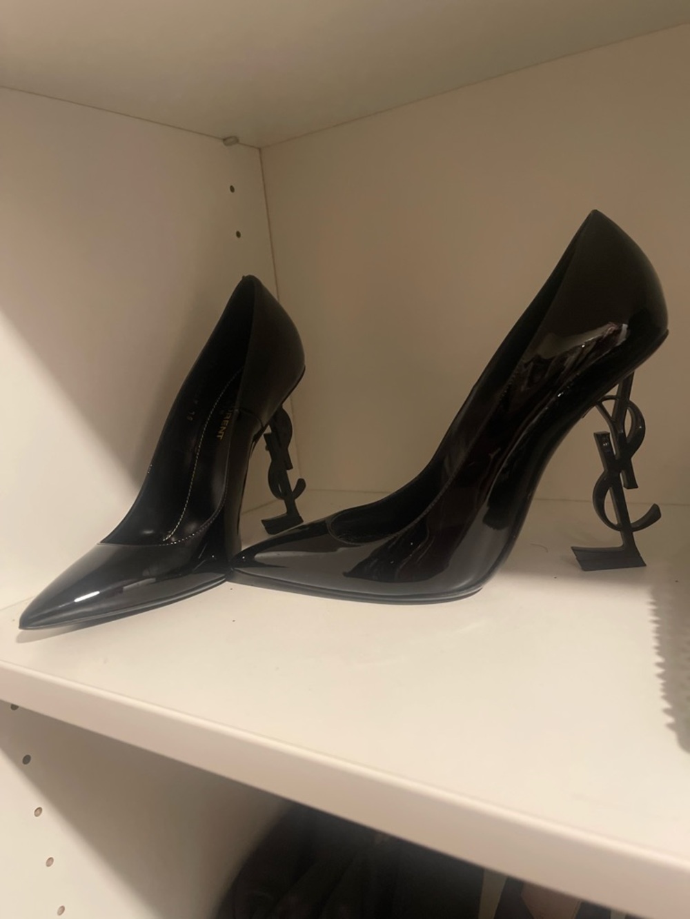 Yves Saint Laurent Black Patent Sculptural YSL Heel Pumps